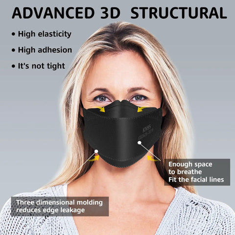 Woman wearing black KN95 Face Masks 50 Pack Breathable Comfort Disposable Respirator Masks For Daily Use Black High Filtration Efficiency Over 95 Percent Lightweight Yet Protective Great For Work Travel And Everyday Safety On The Go