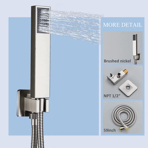 Brushed Nickel Shower System With 12 Inch LED Rain Head And Six Body Sprays Hand Shower Wall Mounted Thermostatic Brass Valve