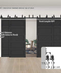 Double Bypass Sliding Barn Door Kit With Wave Panel 144x84 Inches installed, showing 12 ft tracks and wave-pattern MDF panels.
