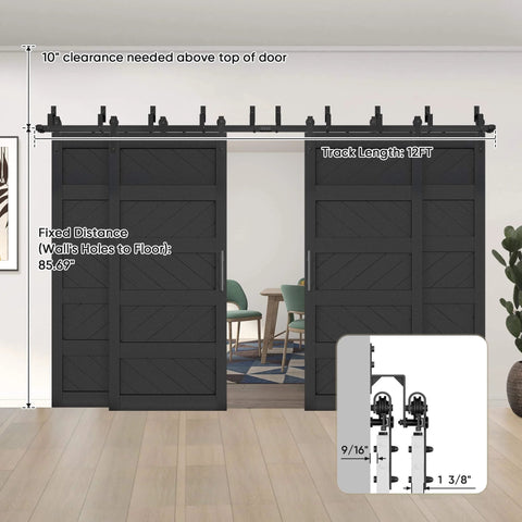 Double Bypass Sliding Barn Door Kit With Wave Panel 144x84 Inches installed, showing 12 ft tracks and wave-pattern MDF panels.