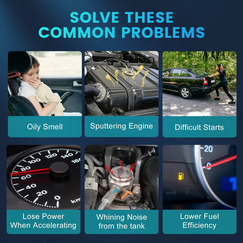 Infographic showing common car problems: oily smell, sputtering engine, difficult starts, power loss, whining noise, low fuel efficiency.
