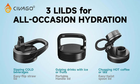 Three lids for 32 Oz Insulated Water Bottle With Straw Spout And Handle Lid Stainless Steel Sports Flask