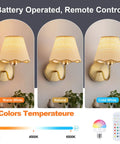Battery Operated Wall Sconce Set Of Two With Gold Rattan Shade And Rechargeable RGB Bulbs showcasing three color temperatures.