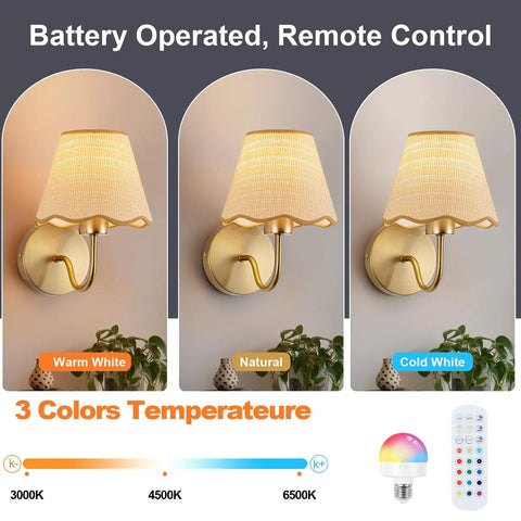 Battery Operated Wall Sconce Set Of Two With Gold Rattan Shade And Rechargeable RGB Bulbs showcasing three color temperatures.
