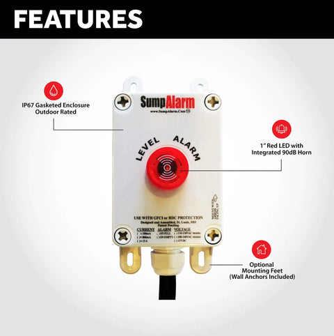 High Water Sump Alarm For Sump Pump And Septic Systems, Weatherproof 90dB Audible Alarm With A 10ft Float Switch, Indoor Outdoor Use