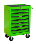 Heavy Duty Freestanding Storage Cabinet With Smooth Rollin Parking Brakes And Ball Bearing Slides For Crazy Convenient Garage Workspace Organization In Sage Green with wheels and seven drawers.