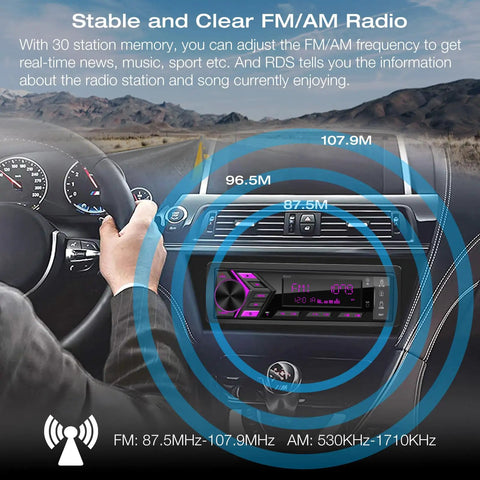 All In One Bluetooth Car Stereo For Marine Use That Slaps With Single Din LCD Display MP3 Player FM AM Receiver Dual USB Ports SD Card Slot AUX In Two Point One Amp Quick Charge APP Control In Dash Multimedia Radio installed in dashboard.