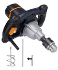 Heavy Duty 12 Amp Concrete And Mortar Mixer With Soft Start showing mixer, keyed chuck, spiral paddle, and die-cast gearbox.