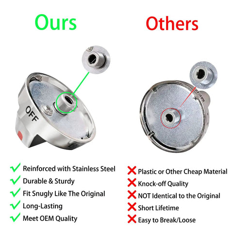 Comparison of burner dial knob replacement for Samsung range with stainless steel vs knock-off quality.