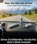 Two-Pack Car Touch Up Paint Pen With Clear Coat Pen Kit For White Cars on car dashboard, landscape visible through windshield