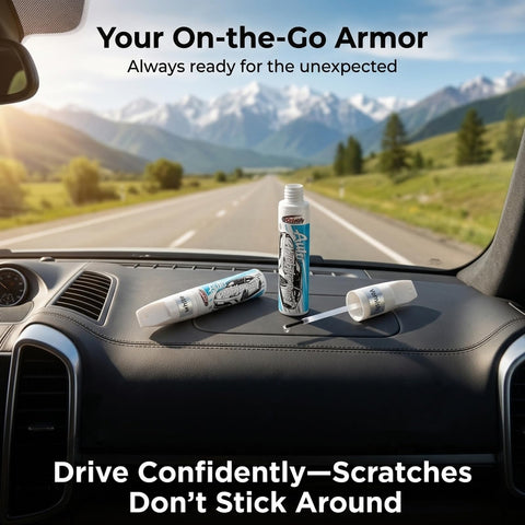Two-Pack Car Touch Up Paint Pen With Clear Coat Pen Kit For White Cars on car dashboard, landscape visible through windshield