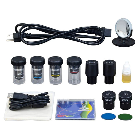 3MP USB Digital Microscope With Halogen Illumination, 40X To 2000X Magnification accessories including lenses cables and filters