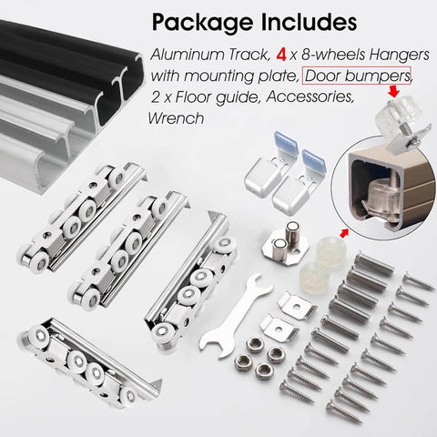 Double Bypass Sliding Closet Door Track Kit With Aluminum Box Rail And Pocket Door Hardware Easy To Cut 3mm Thick Rail 8 Wheel Hanger Set Supports Up To 100 Kg Lengths From 3 To 16 Feet Silver Finish components