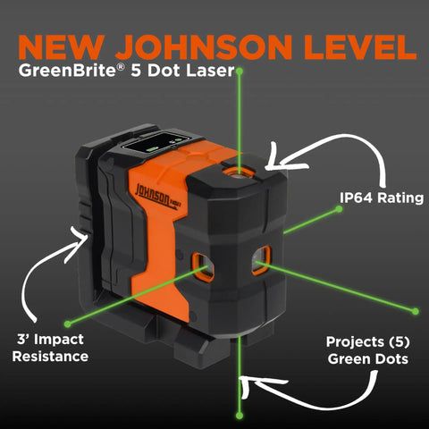 Green Laser Level Kit With Self Leveling 5 Dot GreenBrite Technology showing IP64 and 3' impact resistance