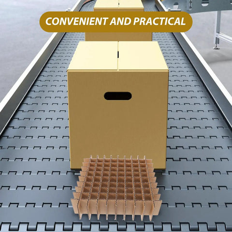 Two Pack Cardboard Box Dividers For Shipping And Logistics Kraft Paper Packaging Separators With Heavy Duty Protection And Reusable Design A No Brainer Solution For Fragile Glassware Kitchen Supplies And Electronics. cardboard dividers in box on conveyor