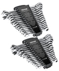 Heavy Duty 30 Piece Ratcheting Wrench Set With 72 Tooth Fast Grip Teeth complete metric and SAE combo wrenches stacked in organizer rack.