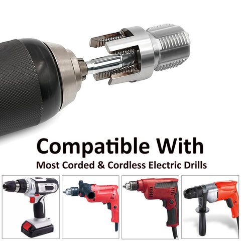 Three-Piece PVC Pipe Threader Kit With Internal And External Threading Heads For One-Half Inch, Three-Quarter Inch And One-Inch NPT, Electric Drill Compatible, Go-To Dual-Function Pipe Thread Cutter For Quick, Smooth Plumbing Jobs Saipe shown with compatible electric drills