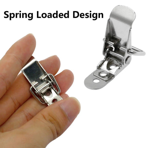 Hand holding a 38mm Spring Loaded Toggle Lock Clasp Latch Set In Stainless Steel Anti-Corrosion Cabinet And Box Security Clasps