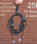 25 Foot 14 Gauge Outdoor Power Extension Cord With Four Outlets coiled on cable organizer against brick wall