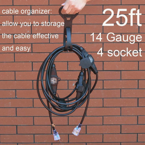 25 Foot 14 Gauge Outdoor Power Extension Cord With Four Outlets coiled on cable organizer against brick wall