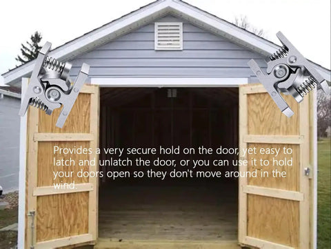Heavy Duty Double Roller Door Catch With Spring Loaded Stop Release Clamp Lock for barn doors, zinc alloy, shown on shed