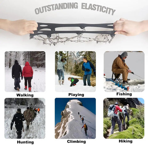 Rugged Ice Cleats With True Stainless Steel Spikes And Durable Silicone showing elasticity for hiking on snow and ice