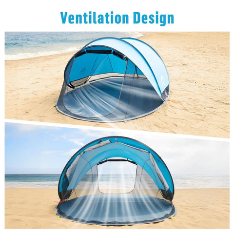 Pop Up Beach Tent For 2 To 4 People Large Sun Shade Shelter with ventilation design on sandy beach