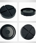 TONDA floor jack rubber pad, round black with four-segment ribbed surface.
TONDA universal jack pad adapter, round black rubber with central bore, side profile.
TONDA jack pad underside, circular recess and outer lip.
TONDA floor jack rubber pad, top view showing cross-grooved ribbed circle.