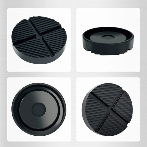 TONDA floor jack rubber pad, round black with four-segment ribbed surface.
TONDA universal jack pad adapter, round black rubber with central bore, side profile.
TONDA jack pad underside, circular recess and outer lip.
TONDA floor jack rubber pad, top view showing cross-grooved ribbed circle.