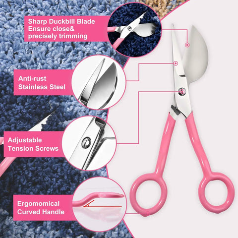 7 Inch Duckbill Shears For Carpet Pile Napping Duckbill Applique Scissors With Curved Offset Handle, pink handles