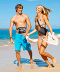 Couple on beach wearing Waterproof Phone Pouch With Adjustable Waist Strap, Screen Touch Dry Bag For Kayaking, Swimming And More