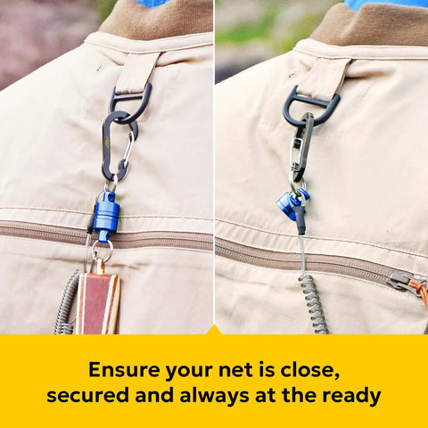 Ultra Strong Magnetic Release Holder With Coiled Lanyard And Aluminum Alloy Hook In Blue clipped on backpack.