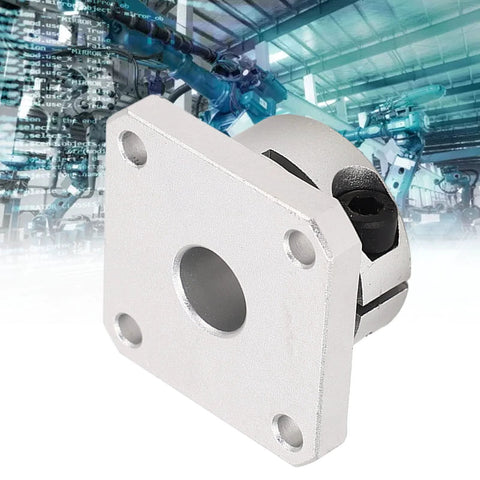 Square flange linear bearing with 12mm bore; silver metal housing with four mounting holes.