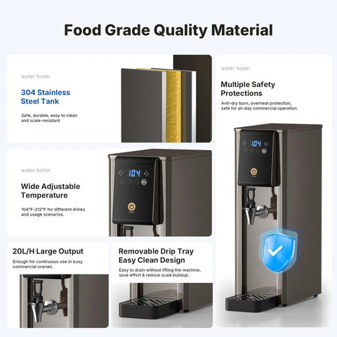 1800W Commercial Hot Water Boiler Countertop Dispenser With On Tap 20L Per Hour Rapid Heating 304 Stainless Steel
