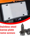 Badass Rustproof 304 Stainless Steel License Plate Screws, Heavy Duty Shock Resistant Bolt Set, Universal Car Truck Van Mounting Hardware, Black Finish, Gearhead Approved with screws anchoring a license plate.