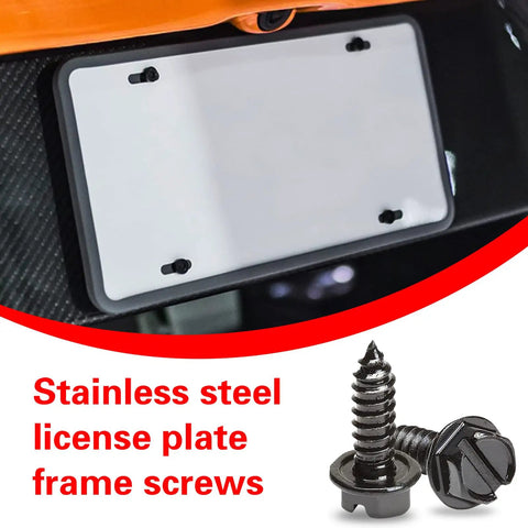 Badass Rustproof 304 Stainless Steel License Plate Screws, Heavy Duty Shock Resistant Bolt Set, Universal Car Truck Van Mounting Hardware, Black Finish, Gearhead Approved with screws anchoring a license plate.