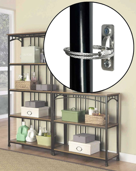 Heavy Duty Stainless Steel Anti Tip Furniture Anchors For Baby Proofing And Child Home Safety Rock Solid Earthquake Straps securing a shelf.