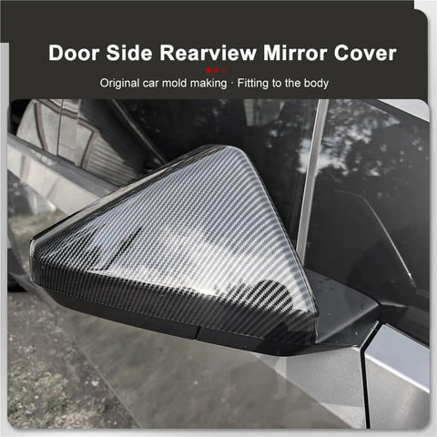 Grab These Heavy Duty Side View Mirror Caps For Tesla Cybertruck featuring durable ABS plastic and sleek carbon fiber weave rearview mirror cover.