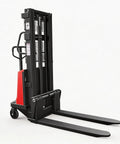 Heavy Duty Semi Electric Pallet Stacker With 3300 Lbs Load Capacity, showing a solid carbon steel frame and adjustable forks.