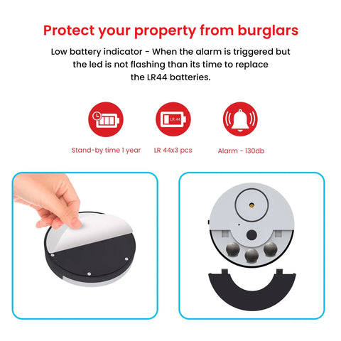Six Pack Window Glass Break Alarm With Vibration Sensor For Home Office And RV Security, Detects Even The Lightest Shocks To Your Glass, Easy Install, Reliable Protection For Windows And Doors, front view with LR44 battery cover
