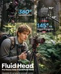 Photographer using 68 Inch Fluid Head Camera Tripod in forest, showcasing 360-degree rotation and tilt options for wildlife photography.