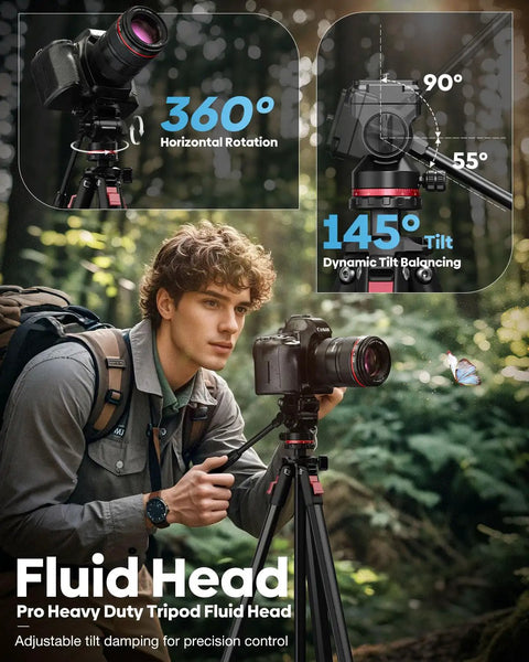 Photographer using 68 Inch Fluid Head Camera Tripod in forest, showcasing 360-degree rotation and tilt options for wildlife photography.