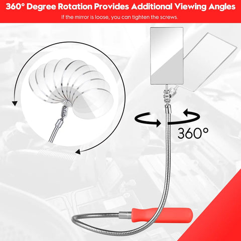 Two Pack Pro Grade Flexible Inspection Mirror Set With 360 Degree Rotation Bendable Square And Circular Mirrors In Red For Auto Repairs