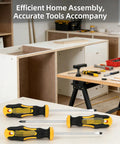 Ultimate Multi-Purpose Screwdriver Set With Ergonomic Non-Slip Cushion Grip Handle Designed For Heavy Duty Work and Precision Repairs While Reducing Hand Fatigue And Delivering Rock Solid Control On All Fastening Tasks Even In Messy Wet Or Oily Conditions. yellow screwdriver set on woodworking bench
