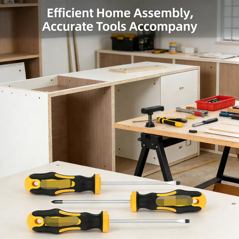 Ultimate Multi-Purpose Screwdriver Set With Ergonomic Non-Slip Cushion Grip Handle Designed For Heavy Duty Work and Precision Repairs While Reducing Hand Fatigue And Delivering Rock Solid Control On All Fastening Tasks Even In Messy Wet Or Oily Conditions. yellow screwdriver set on woodworking bench