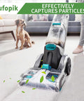 Pet-friendly vacuum cleaner effectively capturing particles on a carpeted floor in a living room setting with dog.