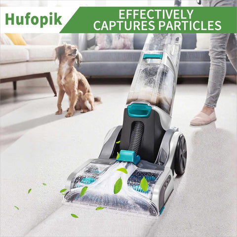 Pet-friendly vacuum cleaner effectively capturing particles on a carpeted floor in a living room setting with dog.