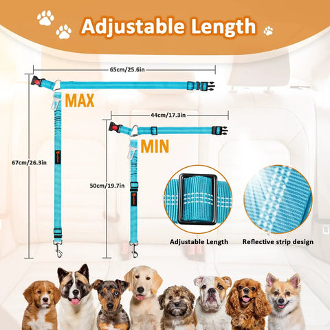 Heavy Duty Dog Seat Belt Harness For Car With Adjustable Reflective Bungee Leash And Headrest Restraint showing adjustable lengths.
