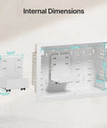 9 Inch In Wall Media Box Recessed Cable Management Kit For TV Wire Organization and AV Component Storage with internal dimensions displayed.