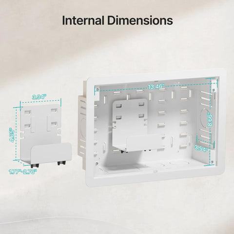 9 Inch In Wall Media Box Recessed Cable Management Kit For TV Wire Organization and AV Component Storage with internal dimensions displayed.